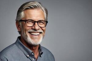 AI generated Studio portrait of a handsome, middle-aged, bearded man smiling at the camera. Isolated on a plain background. photo