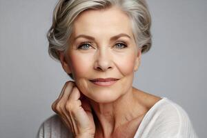 AI generated Studio portrait of a beautiful elderly woman with a sophisticated hairstyle and smooth skin. Beauty and skincare promotional image. photo