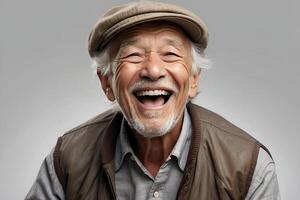 AI generated Studio portrait of an elderly Asian American grandfather laughing. photo