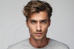 AI generated A closeup photo portrait of a handsome man with a serious expression on his face. Stylish hair with a strong jawline. For ads and web design.