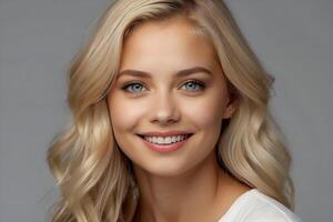 AI generated Image of a beautiful young girl with long flowing blond hair smiling at the camera. Beauty and skincare promotional image. photo