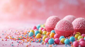 AI generated Minimalistic sweet and candy background concept with empty space. photo