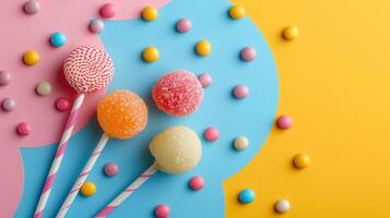 AI generated Minimalistic sweet and candy background concept with empty space. photo