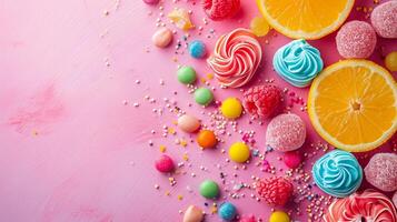 AI generated Minimalistic sweet and candy background concept with empty space. photo