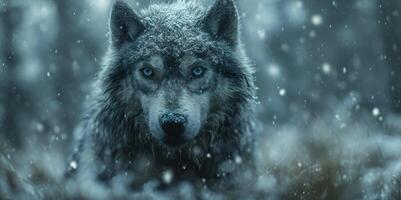 AI generated Grey wolf with blue eyes dark fur stands in a snowy forest in Siberian snowy background photo