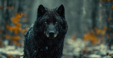 ai generado negro lobo con naranja ojos oscuro piel soportes en un Nevado bosque en siberiano Nevado antecedentes foto