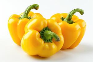 AI generated Three ripe yellow bell peppers arranged neatly on a plain white background. photo