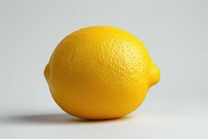 AI generated Close-Up of a Fresh Yellow Lemon Isolated on a White Background This image captures a vibrant yellow lemon with a textured skin, prominently displayed against a clean, white backdrop. photo