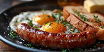 AI generated English breakfast with sausages, fried eggs sprinkled with herbs and toast. Close-up, side view. Light English breakfast. photo