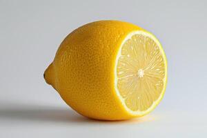ai generado cerca arriba de un limón en un blanco antecedentes un detallado ver de un limón, exhibiendo sus vibrante amarillo color y texturizado piel, en contra un limpiar blanco antecedentes. foto