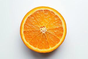 AI generated Close-Up View of a Juicy Orange Half Isolated on a White Background This image showcases a vibrant orange slice with its vivid orange textures highlighted against a clean, white backdrop. photo