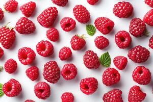 AI generated Pattern Fresh Raspberries Scattered on a White Background in Natural Daylight Ripe red raspberries is spread out on a white surface, highlighting their freshness and vibrant color. photo