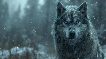 ai generado gris lobo con azul ojos oscuro piel soportes en un Nevado bosque en siberiano Nevado antecedentes foto