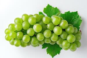 AI generated Bunch of Green Grapes With Leaves on a White Background A cluster of green grapes, complete with leaves, arranged neatly on a white background. photo