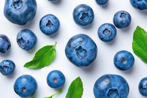 AI generated Blueberries With Green Leaves Pattern on a White Surface Fresh blueberries with vibrant green leaves arranged on a clean white surface. photo