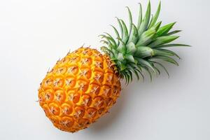 AI generated Fresh Whole Pineapple Lying on a Clean White Background A ripe pineapple with vibrant green leaves starkly contrasts against a pristine white surface in a simple composition. photo