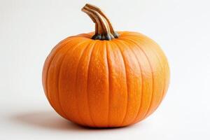 AI generated Vibrant Orange Pumpkin Isolated on a White Background Signaling Autumn Harvest A ripe, brightly colored orange pumpkin sits center stage against a clean white backdrop. photo