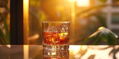 ai generado vaso de whisky con hielo en un de madera bar encimera. clásico whisky en un vaso en un oscuro bar con Copiar espacio. foto