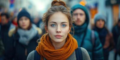 AI generated A pretty women stands with a smile on a busy street. Large group of people walking in the street with focus on women looking at camera. photo