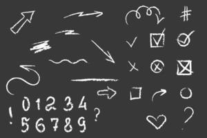 Vector Set of hand drawn symbols for notes. Arrows, cross, marks and numbers. Doodle marker drawing