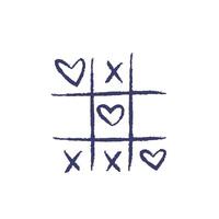 Vector Illustration of Tic-Tac-Toe game with hearts. Charcoal crayon hand drawn design. Isolated element on a white background