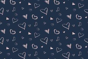 Seamless Pattern of Charcoal Hand Drawn Pink Hearts on dark blue background. Chalk crayon Vector Illustration