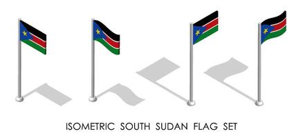 isometric flag of South Sudan in static position and in motion on flagpole. 3d vector