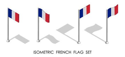 isometric flag of France in static position and in motion on flagpole. 3d vector