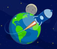 Rocket flying from planet earth into open space to stars. Flights to Mars, Moon and planets of solar system. Cartoon vector