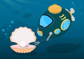 deep sea robot bathyscaphe found large pearl in seashell. Unexpected luck, searching for treasures under water. Cartoon vector