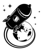 Rocket flying from planet earth into open space to stars. Flights to Mars, Moon and planets of solar system. Black and white monochrome vector in retro style