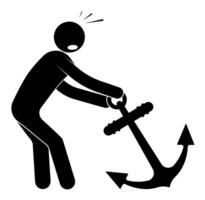 Sailor, stick man pulls heavy boat anchor. Performing an impossible task. Isolated vector on white background