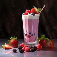 AI generated Delicious yogurt with berries in a glass on a black background photo