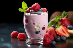 AI generated Yogurt with fresh berries in a glass on dark background photo