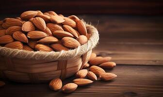 AI generated Almond nuts in a bag on a wooden background. Selective focus. photo