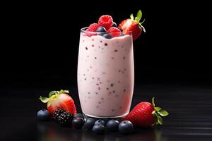 AI generated Yogurt with berries in a glass on a black background photo