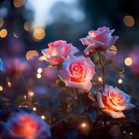 ai generado hermosa rosado rosas con bokeh efecto en oscuro azul antecedentes foto