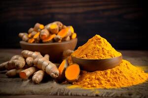AI generated Turmeric powder in bowl on wooden table photo