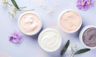 AI generated Different types of cosmetic cream in plastic containers on white background, top view photo