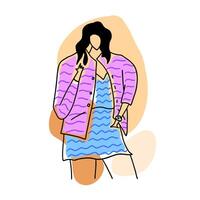 Modern, minimalistic and stylish fashion girl. Vector illustration in hand drawn outline doodle simple contour style isolated on white background. For presentation, web site, wrapping.