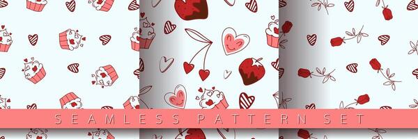 Set of seamless pattern for Valentine's Day with heart and love elements on a white background. Vector doodle theme set, romance for cards, banners, flyers, invitation, blog, wrapping paper, prints.