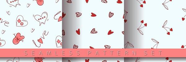 Set of seamless pattern for Valentine's Day with heart and love elements on a white background. Vector doodle theme set, romance for cards, banners, flyers, invitation, blog, wrapping paper, prints.