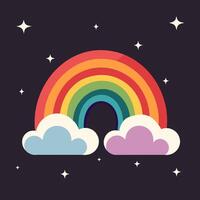 Rainbow with clouds and stars, black background. Vector illustration