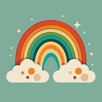 Rainbow with clouds and stars. Vector illustration in flat style