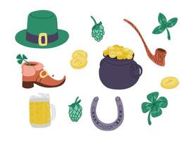 Doodle hand drawn leprechauns items and coins. Colored sketchy coins, cauldron with coins, shamrock, clover and horseshoe. Irish celebration concept. Ideal for decoration, stickers, pattern vector