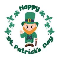 Happy St Patricks Day typographic composition. Flat volume words in round shape with traditional Irish character. Leprechaun in green clothes. Isolated vector illustration on white background