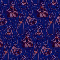 Seamless outline pattern with burning candles. Relaxing concept. Doodle contour hand drawn elements on dark blue background. Unique print design for textile, wallpaper, wrapping, background vector