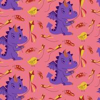 Playful dragon with kite seamless pattern. Kids fun concept. Vector kids illustration in kawaii cartoon style. Trendy print design for textile, wallpaper, wrapping, background