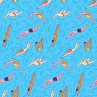 Seamless pattern with human bodies diving in water. Fitness and healthy lifestyle concept. Flat hand drawn male and female silhouettes. Trendy print design for textile, wallpaper, wrapping, background vector