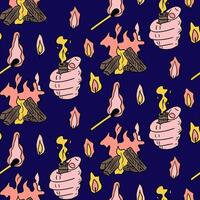 Seamless pattern with match, hand and campfire. Camping lifestyle concept. Flat hand drawn elements and lights. Unique print design for textile, wallpaper, wrapping, background vector